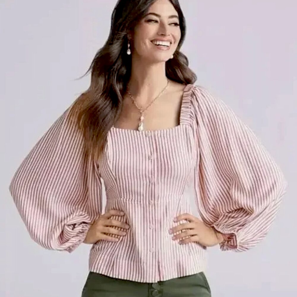CAbi Pink and White Striped Puff Sleeve Blouse